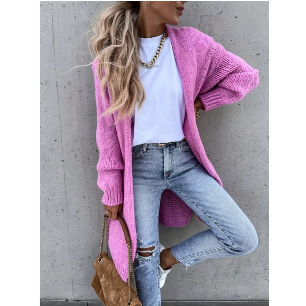 Hot Pink Open Cardigan Long Sleeve Hip Length